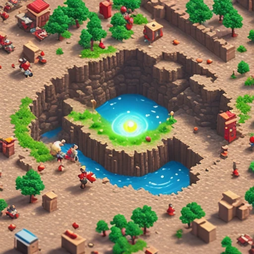 a giant hole swallowing tiny cartoon people, isometric diorama, miniature style, mobile ga