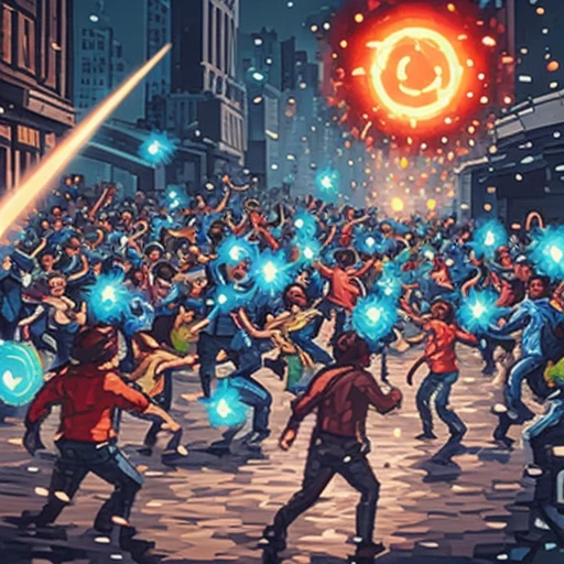 a crowd running toward a glowing hole, hand-painted casual game art, mobile game ad